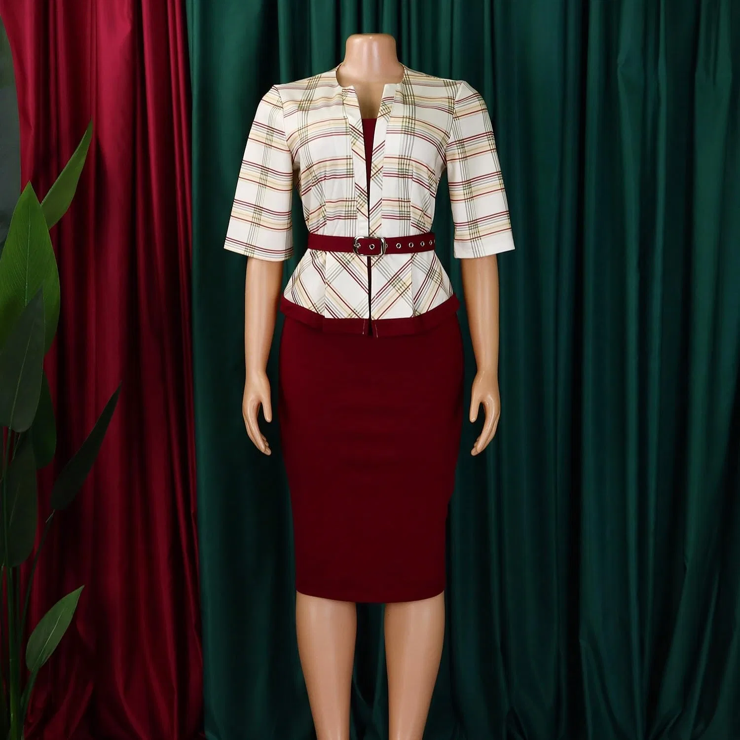 Женское платье-футляр с принтом в клетку Bodycon Midi с поясом, Wine Red — фото 3
