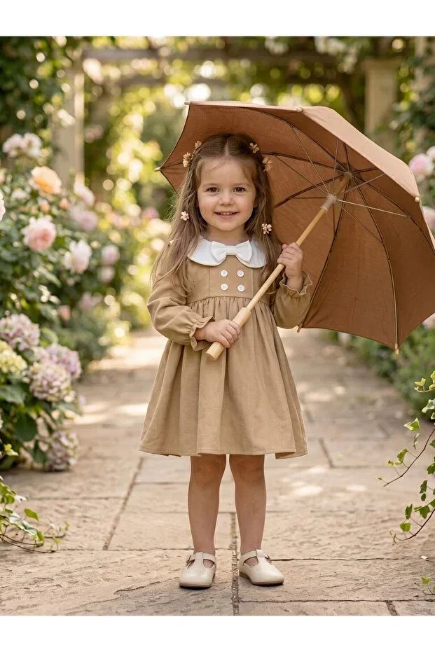 Детское платье для девочек льняное Cherrys Bebek, Camel
