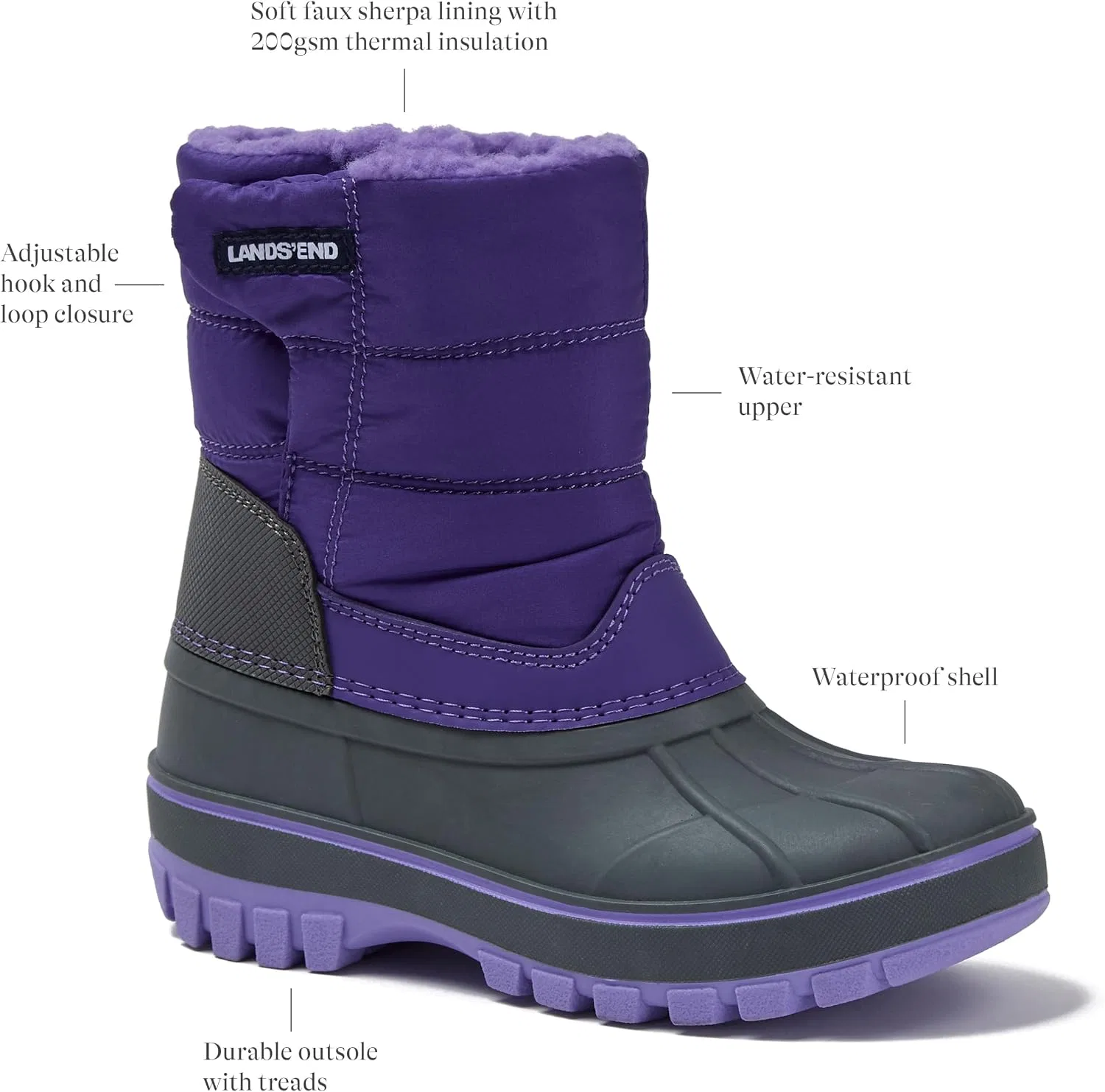 Детские зимние сапоги для девочек и мальчиков с флисом Lands' End Flurry Waterproof Fleece Winter Kids Snow Boots, Violet Tulip Purple — фото 3