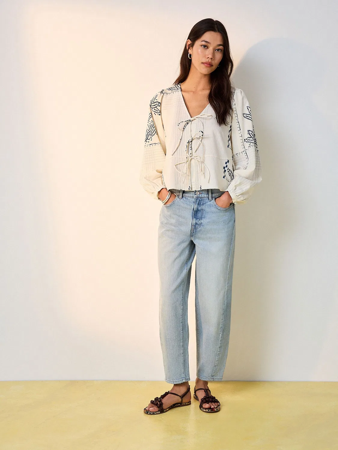 Блуза с завязками, цветочный принт Ecru Jacquard Blue Next, бирюзовый — фото 2