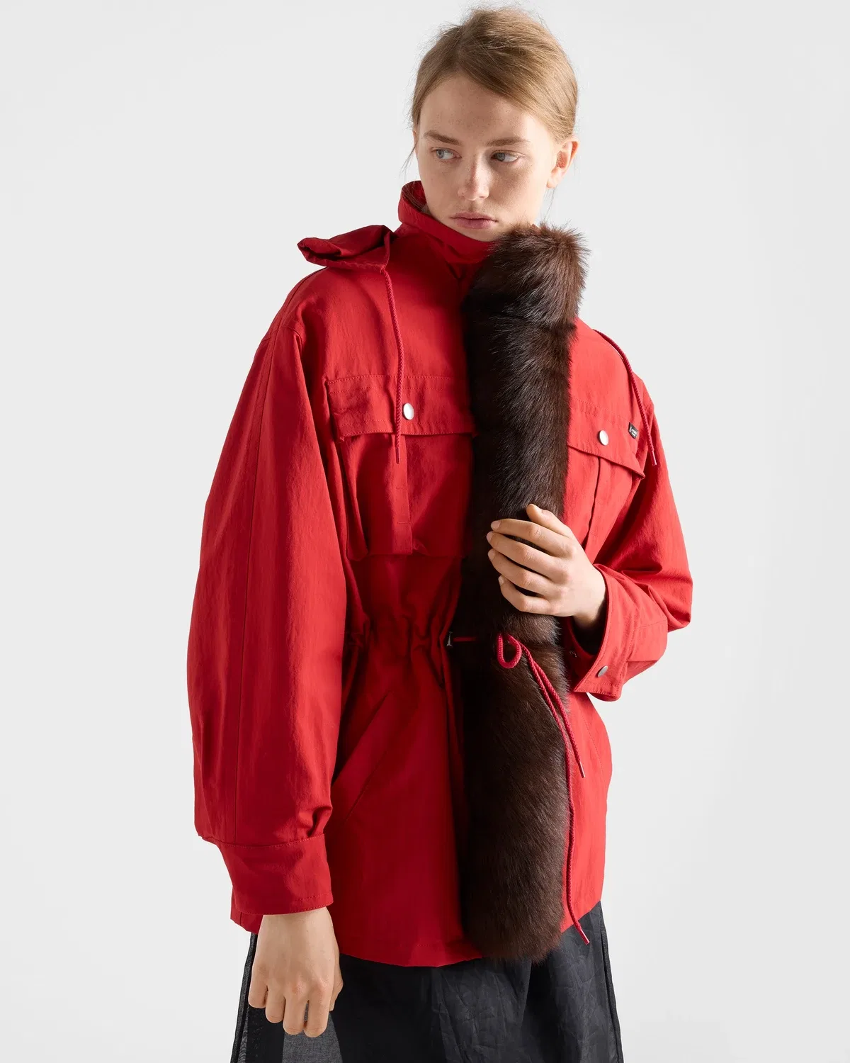 Парка из технической ткани с отделкой из овчины Prada, красный — фото 4