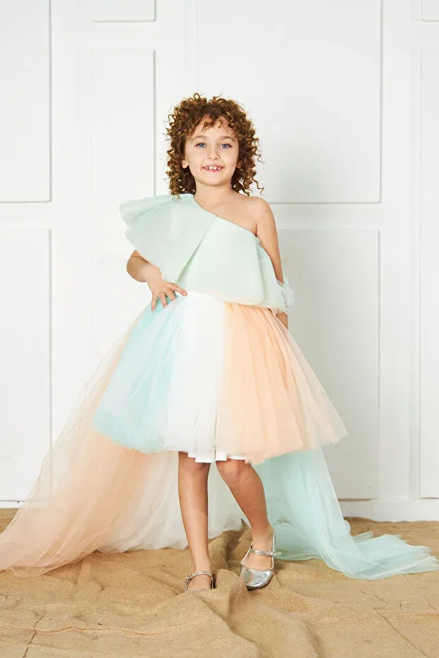 Детское платье для девочек с длинным рукавом 3-Color girl's evening dress Zühre Balaban, White — фото 3
