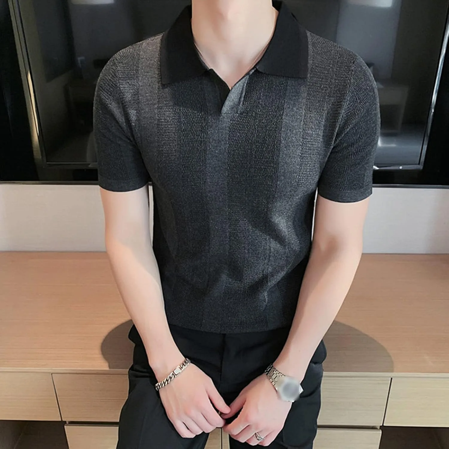 Мужская футболка для гольфа с лацканом, Regular Slim Fit, полоска, короткий рукав — фото 2
