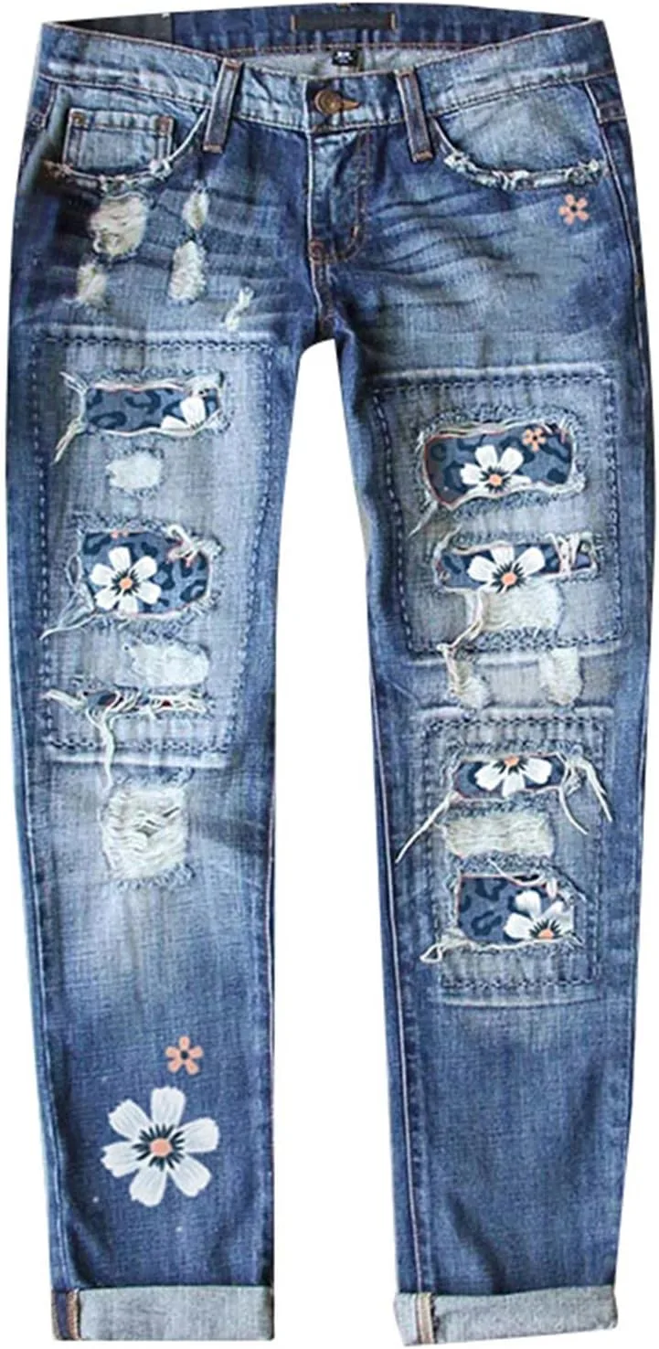 

Рваные джинсы для женщин boyfriend с клетчатыми заплатками LCMTWX