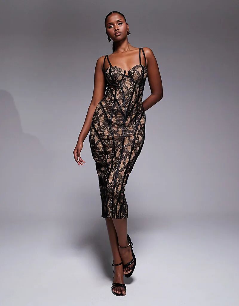 

Платье миди JLUXLABEL Katerina с контрастным кружевом и косточками на лифе, черное