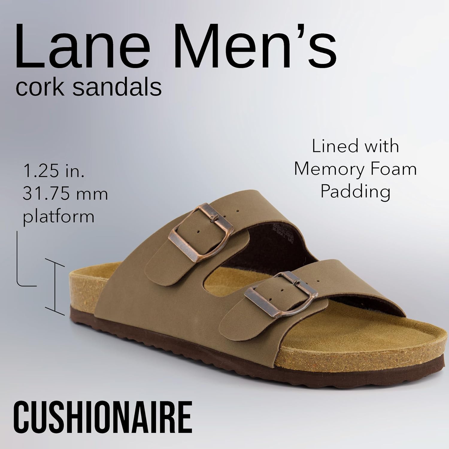 Мужские сандалии CUSHIONAIRE Lane с пробковой стелькой, регулируемые с пряжкой, комфортные шлепанцы, стелька из натуральной кожи, летняя обувь для мужчин, коричневый — фото 3