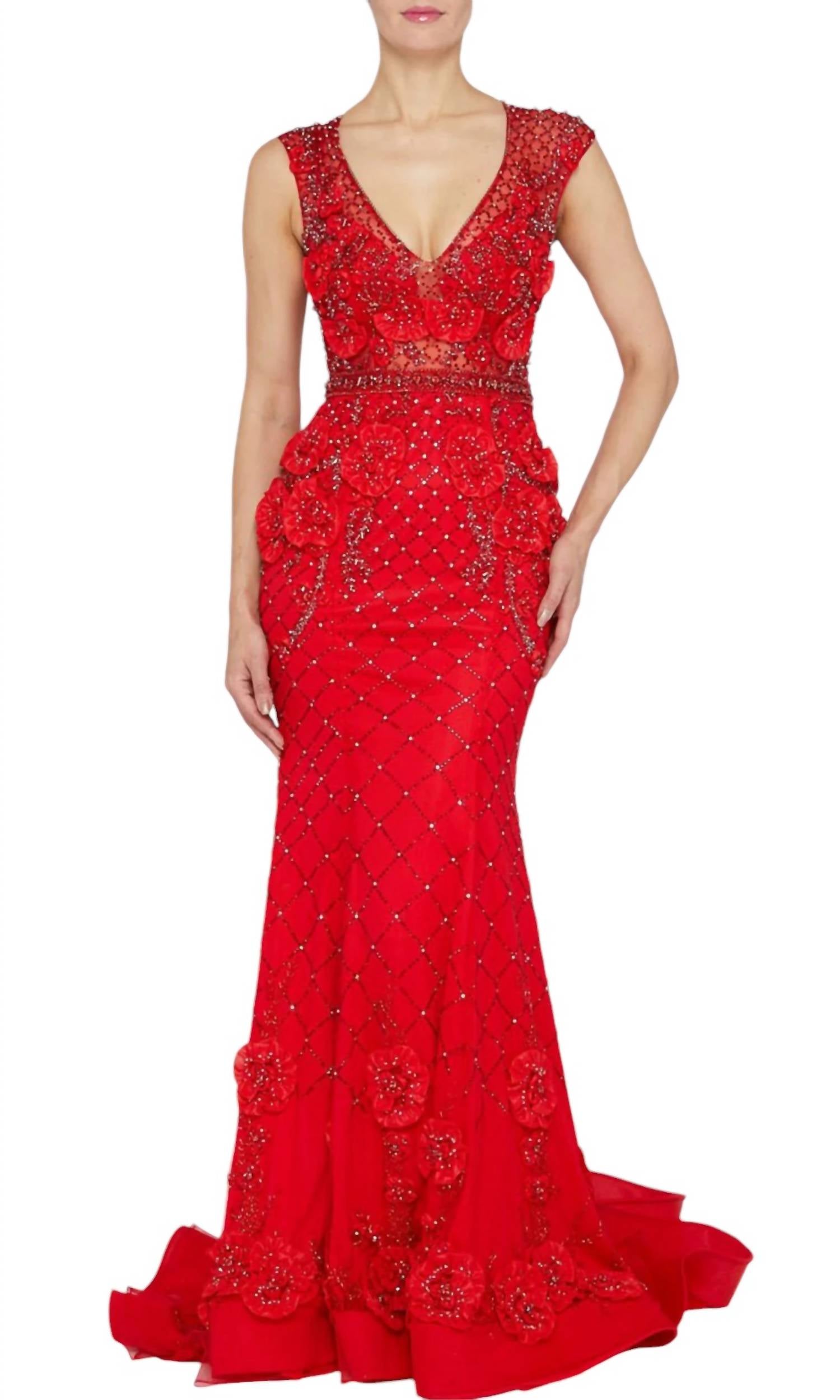 

Вечернее платье с 3D цветочной аппликацией и бисером в красном цвете Terani Couture