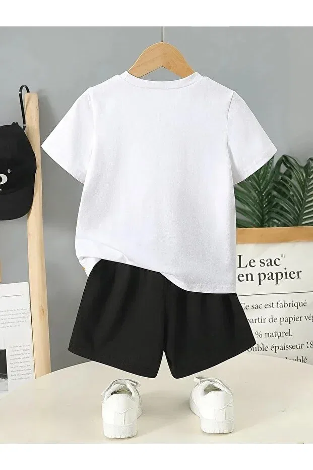 Детский для девочек комплект футболки и шорт с принтом Unisex boy tiger special printed combed cotton crew neck t-shirt - shorts set Revasser, White — фото 2