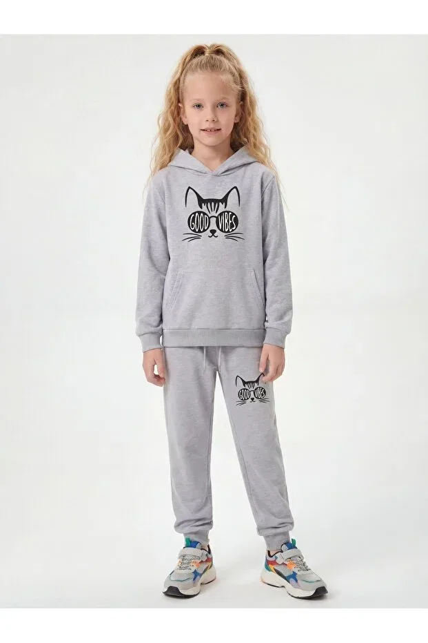 Детский комплект для девочек с принтом Kangaroo pocket hooded girls' tracksuit set with cat print detail Fyk Kids, Gray