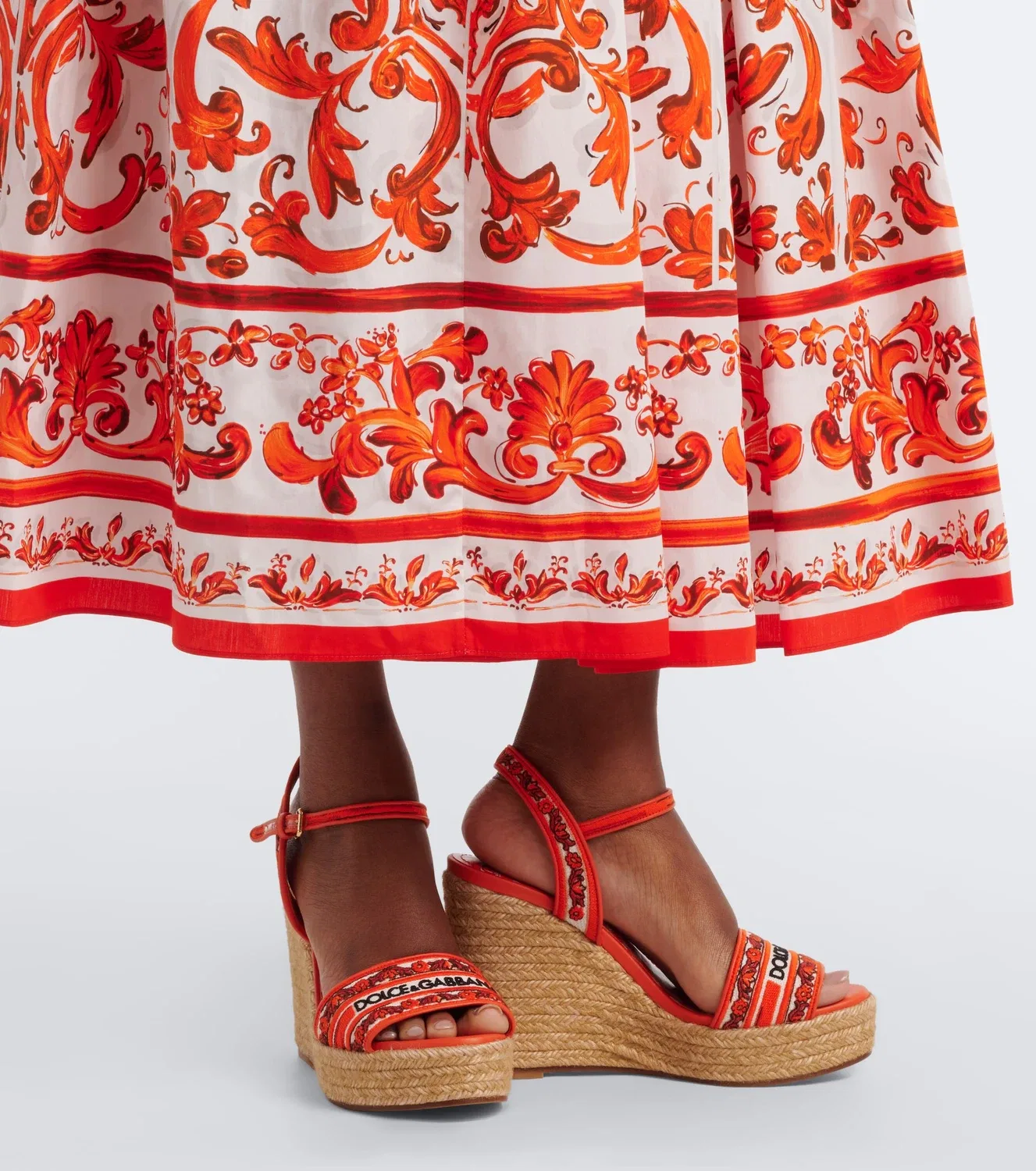 Длинное платье из хлопкового поплина с узором Majolica Dolce & Gabbana, оранжевый — фото 4