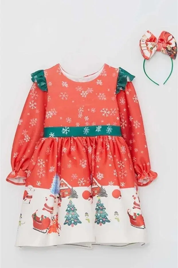 Детское платье для девочек с принтом Girls' red christmas dress with ruffled shoulders deer and snowflake print Riccotarz, Red — фото 3