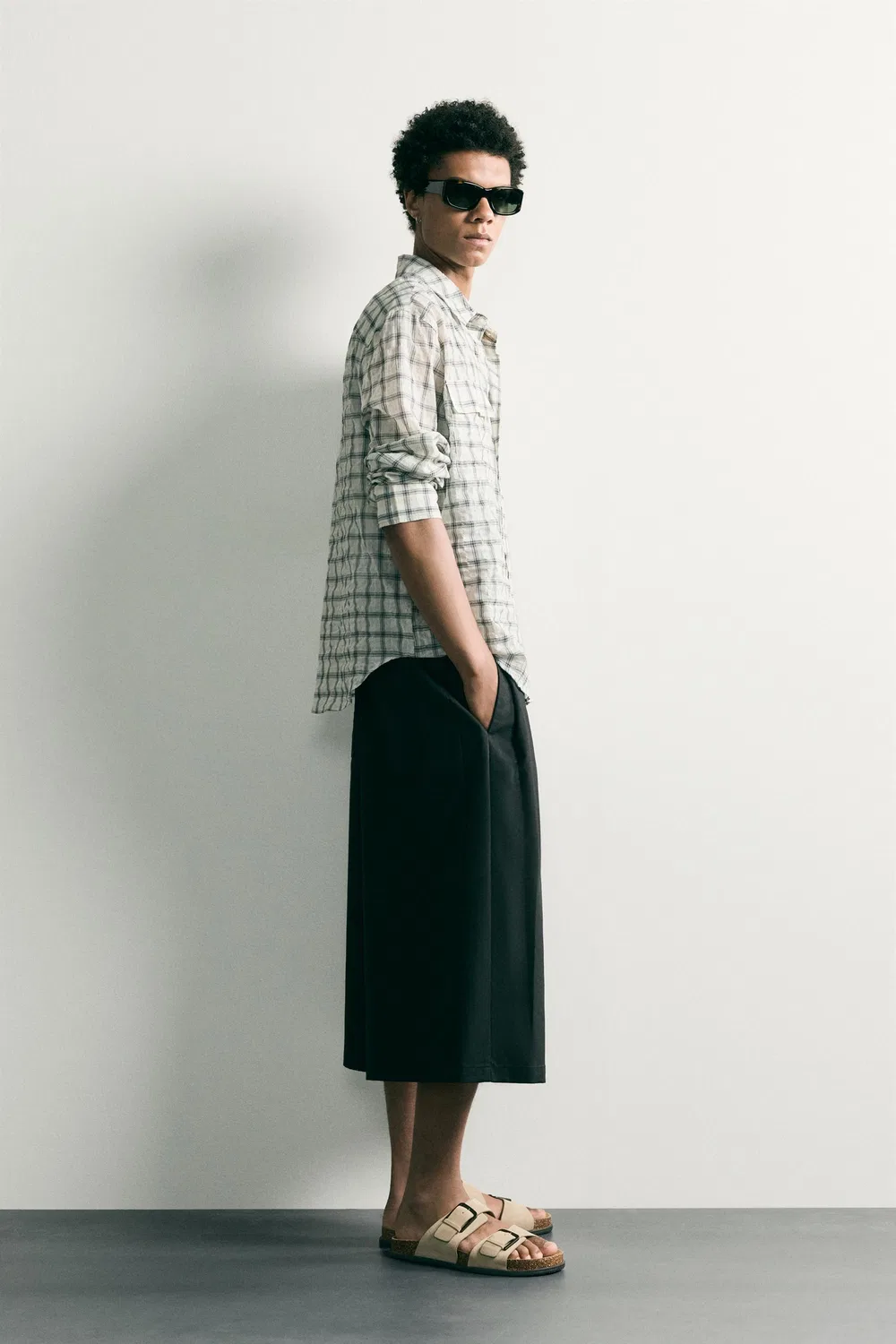 Рубашка свободного кроя в клетку с текстурой ZARA, Oyster-white — фото 4