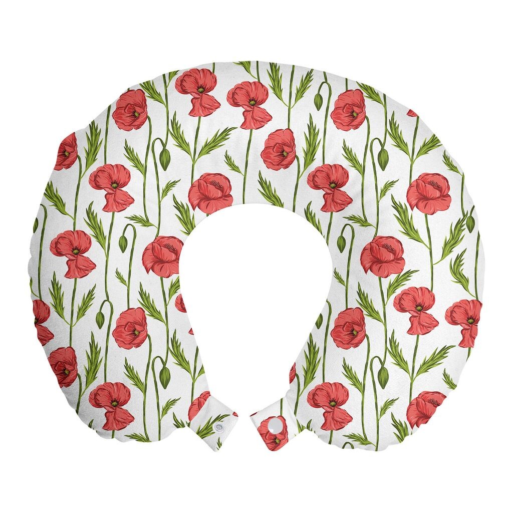

ABAKUHAUS Flowers Дорожная подушка для шеи, вертикальные полоски с цветком мака, пенопластовые дорожные принадлежности для самолета и автомобиля, 30x30 см, темно-кораллово-оливково-зеленый