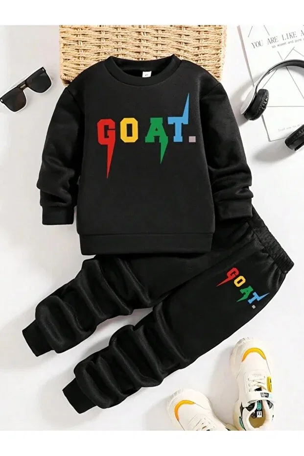Детский комплект свитшот-брюки с принтом Goat Printed Crew Neck Combination Bottom And Top Tracksuit Set Svart Wear, Black