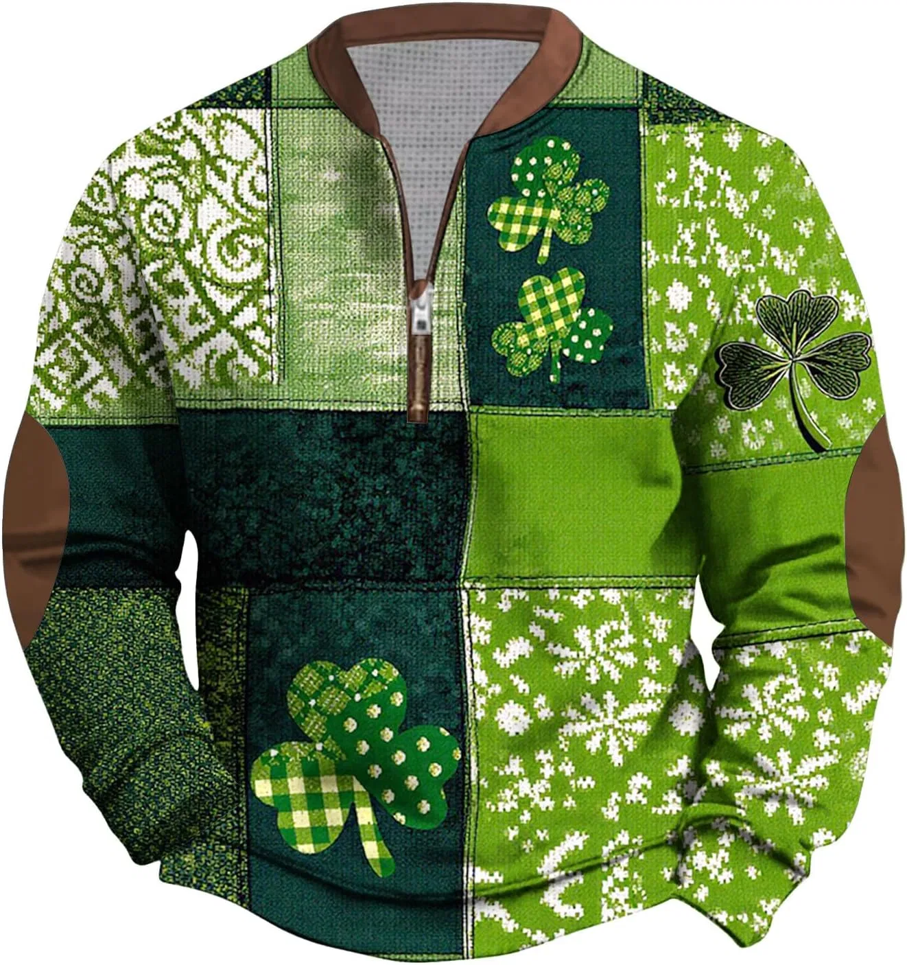 Мужская футболка с принтом трилистника, pullover с воротником на молнии, Green