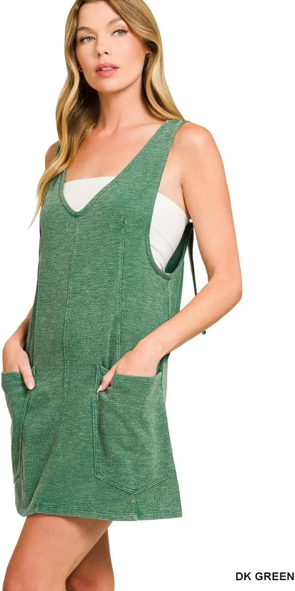 Женское платье-комбинезон с регулируемыми бретелями Washed Slub Adjustable Strap Overall Dress, Green — фото 3