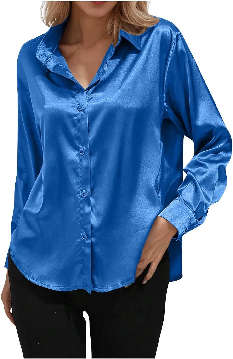 Женская рубашка с длинным рукавом, V-образным вырезом, Satin Silk, синий