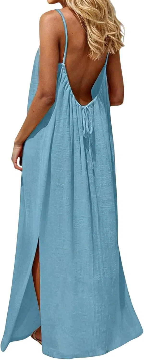 Женское летнее платье-комбинация на бретелях с открытой спиной, Light Blue