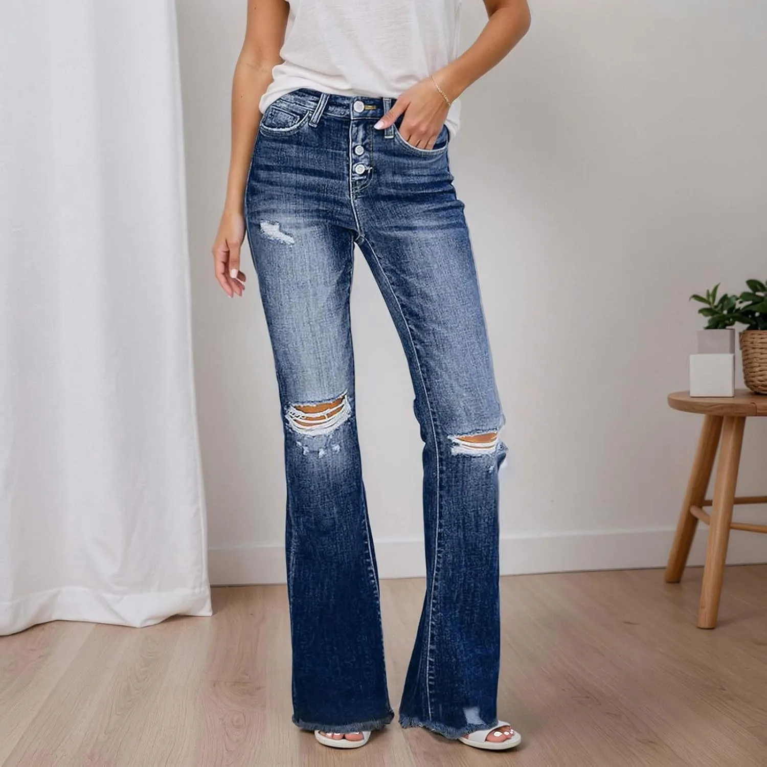 Flare Jeans для женщин Mid Rise Bell Bottom, классические джинсы с потертостями, эластичные — фото 2