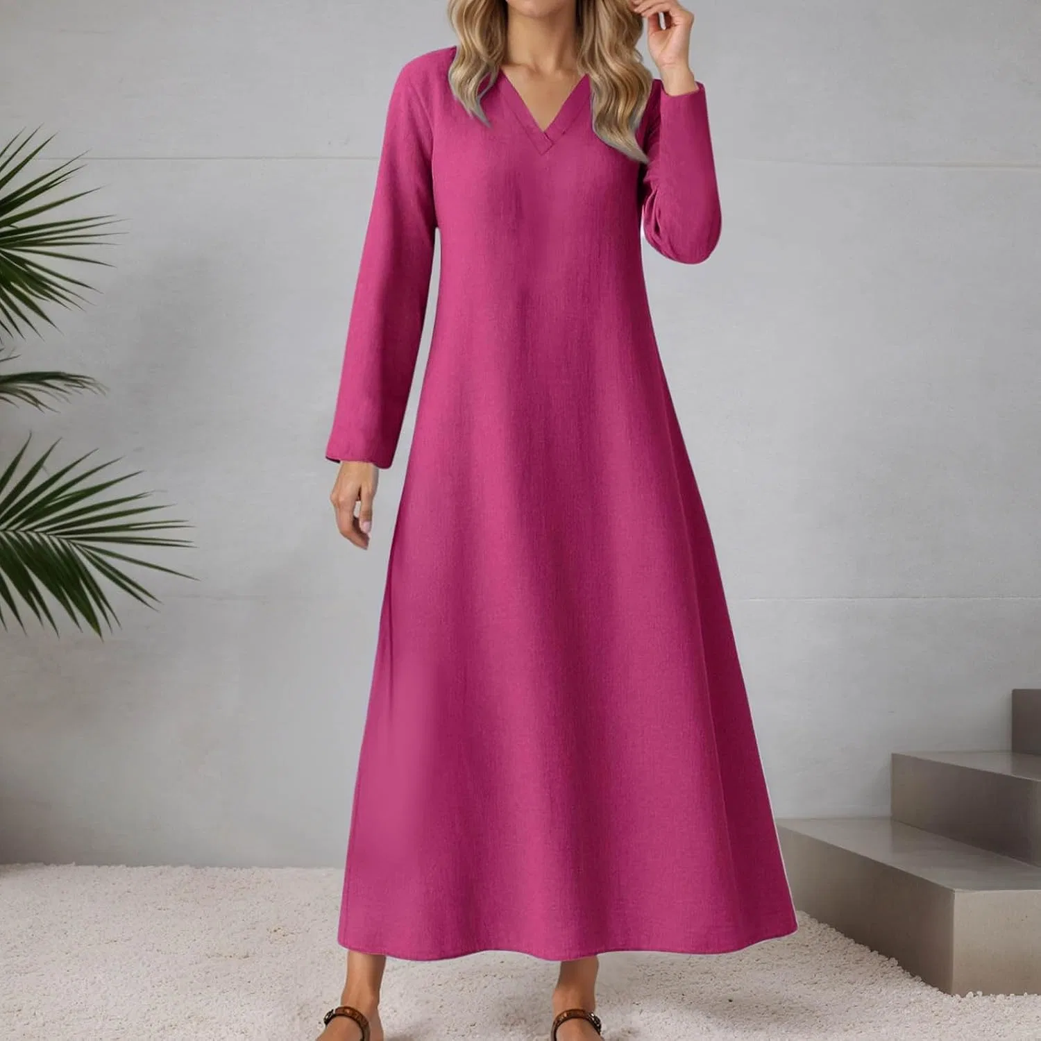Женское платье-туника миди свободного кроя с V-образным вырезом, Hot Pink — фото 2