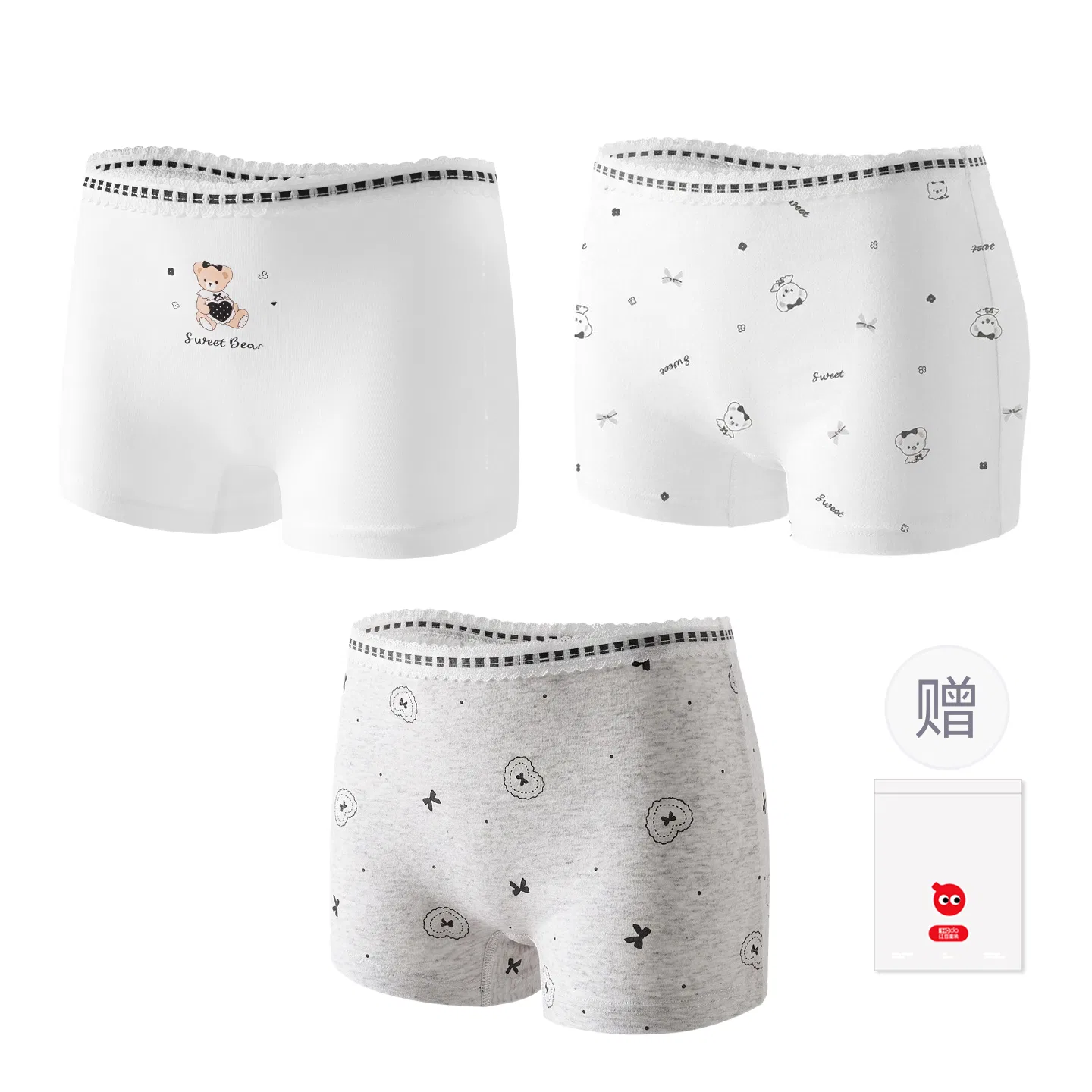 Детские трусы для девочек хлопковые набор 3 шт Red bean, Light Heather Grey Big Cloth Heart — фото 3