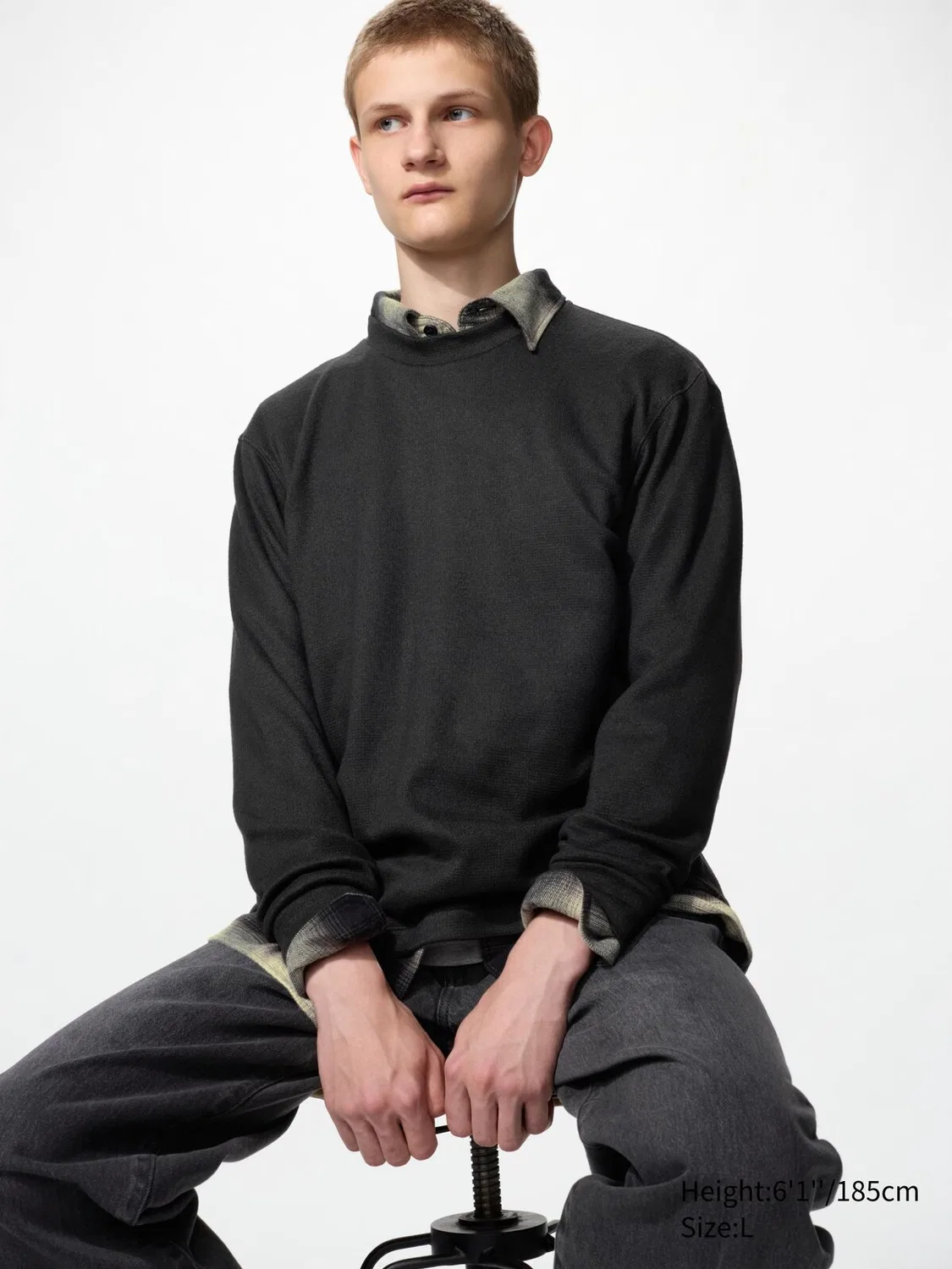Футболка трикотажная флисовая Uniqlo, с длинным рукавом, черный