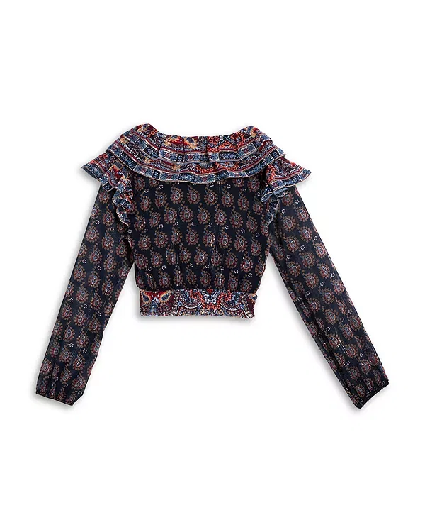 Детский топ с длинным рукавом с воланами и принтом пейсли Aqua, Navy Paisley — фото 2