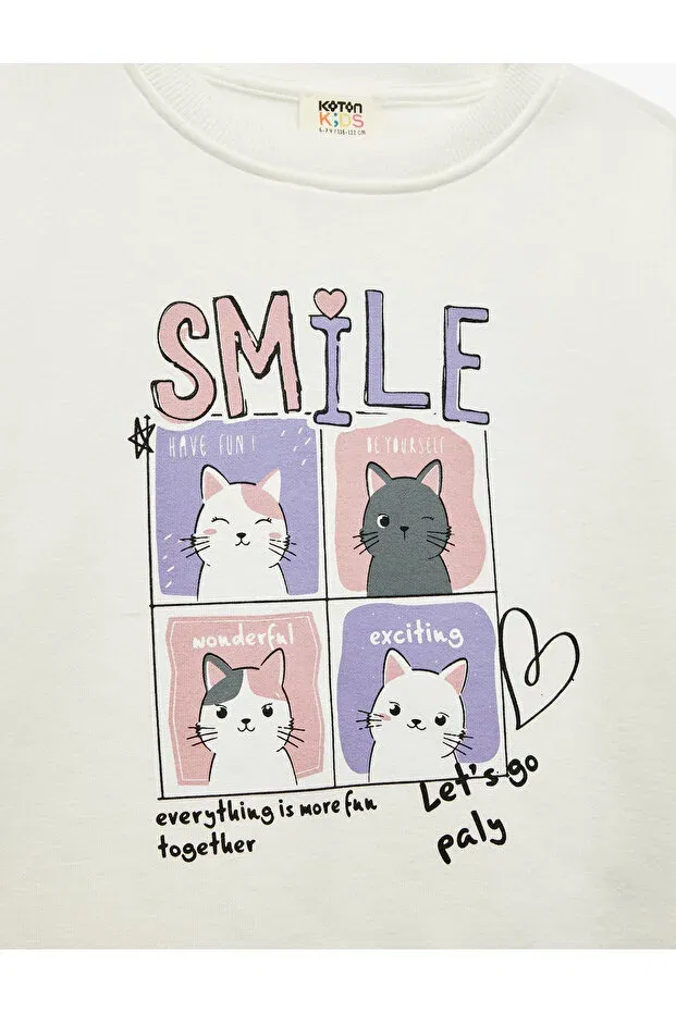 Детские свитшот для девочек с принтом Cat Printed Embossed Koton, Ecru — фото 3