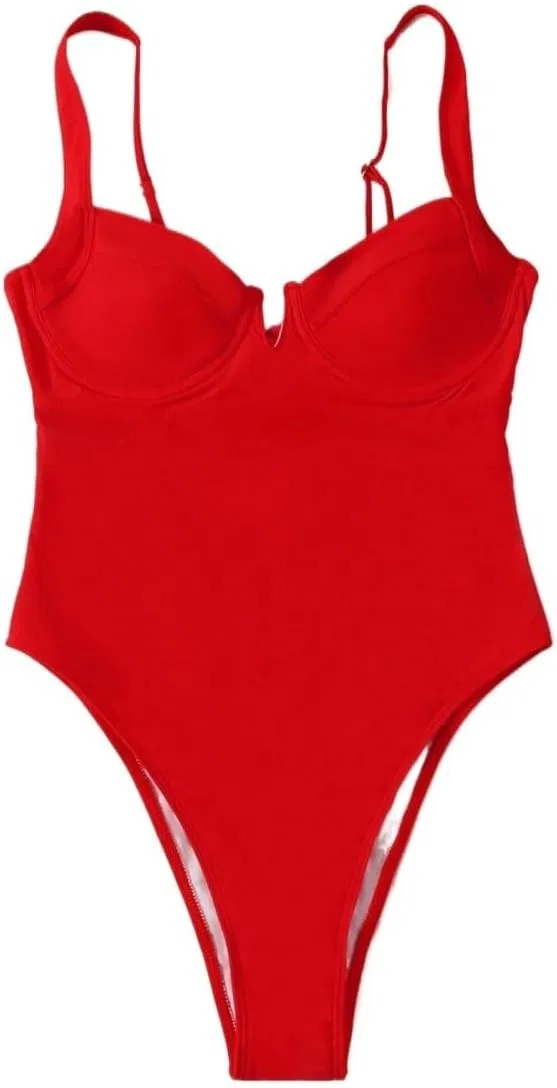 Женский монокини с эффектом push-up V-образным вырезом, Red — фото 3