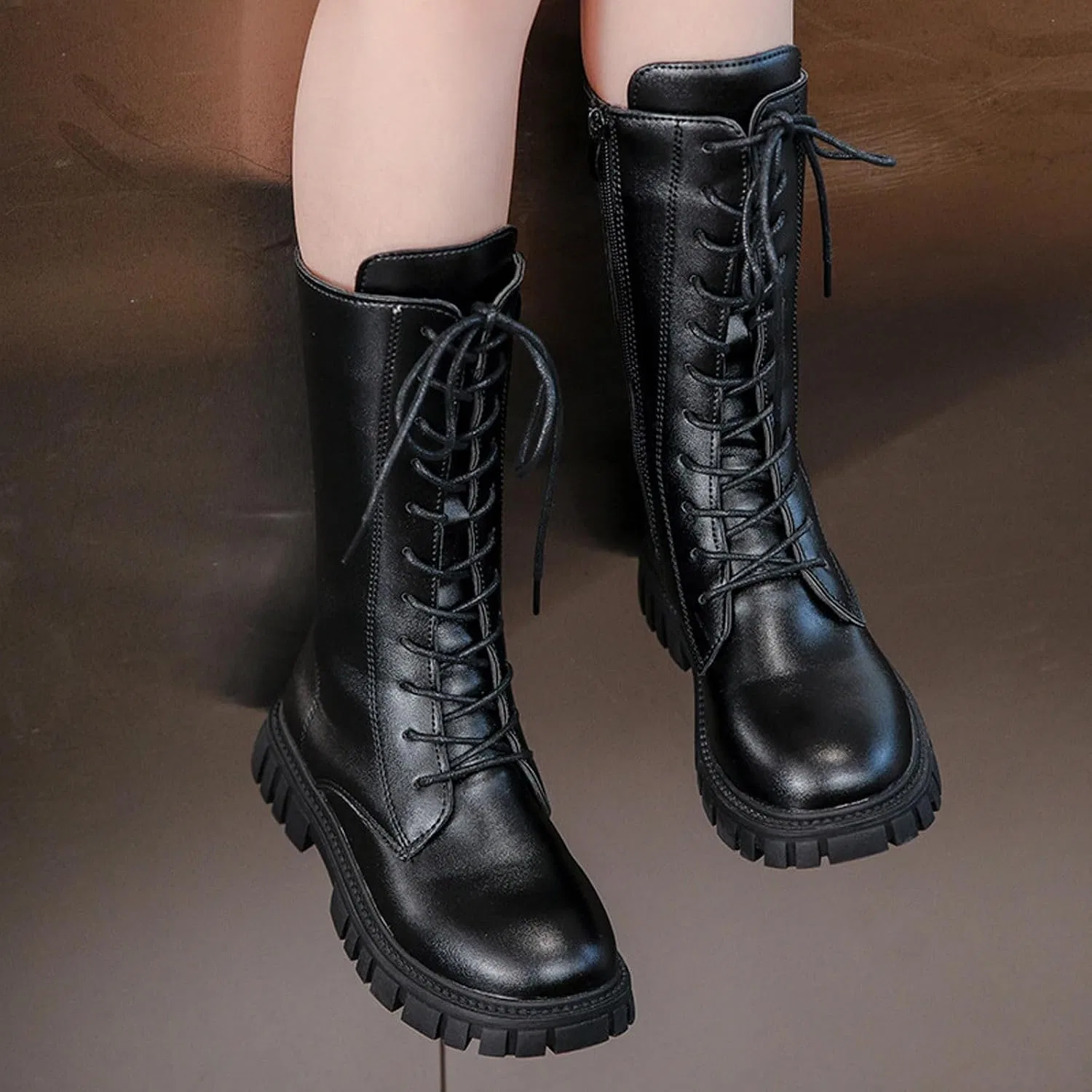 Детские ботинки для девочек на шнуровке с боковой молнией GHTYDD, Black — фото 2