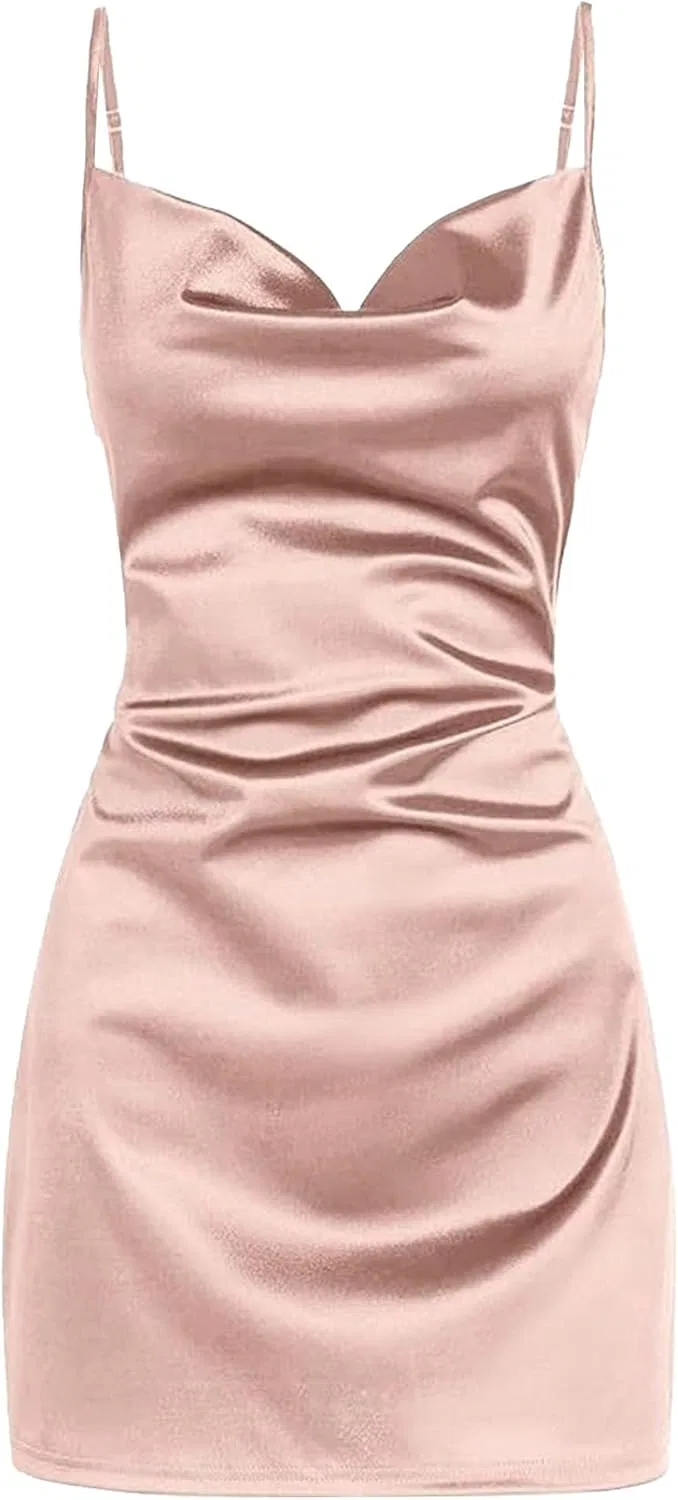 Женское сатиновое мини-платье с V-образным вырезом и бретелями, Pink