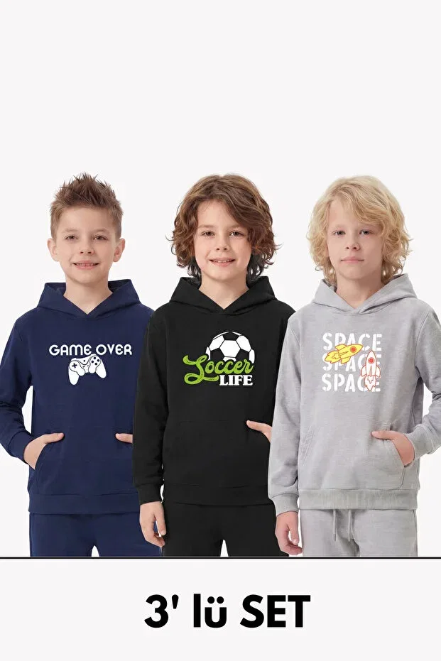 Детские свитшот для мальчиков с принтом 3-Piece kangaroo pocket hooded detailed printed boys' sweatshirt with 3 pockets Fyk Kids, Navy-Black-Grey