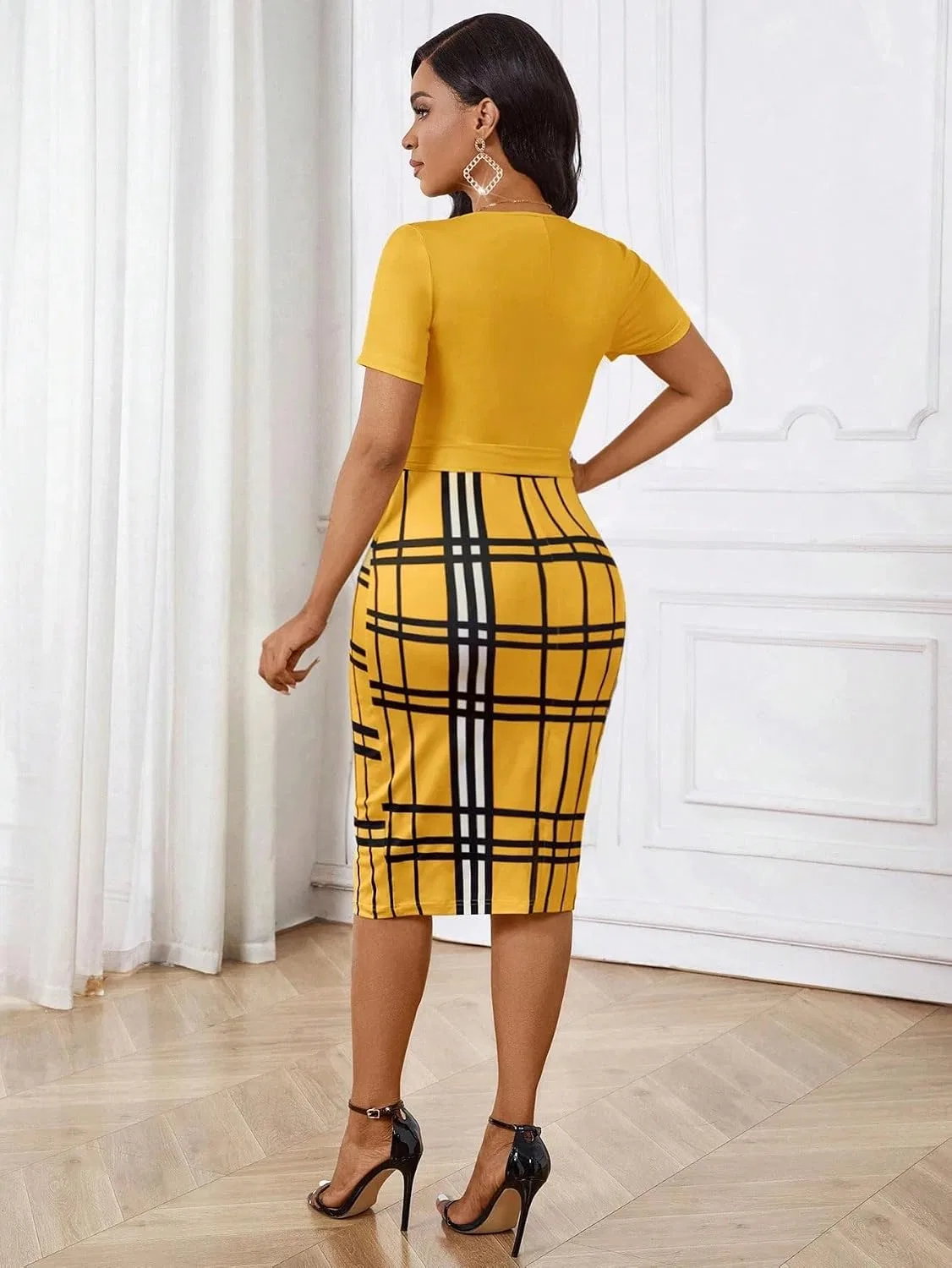 Женское элегантное платье миди с поясом Bodycon, Yellow — фото 2