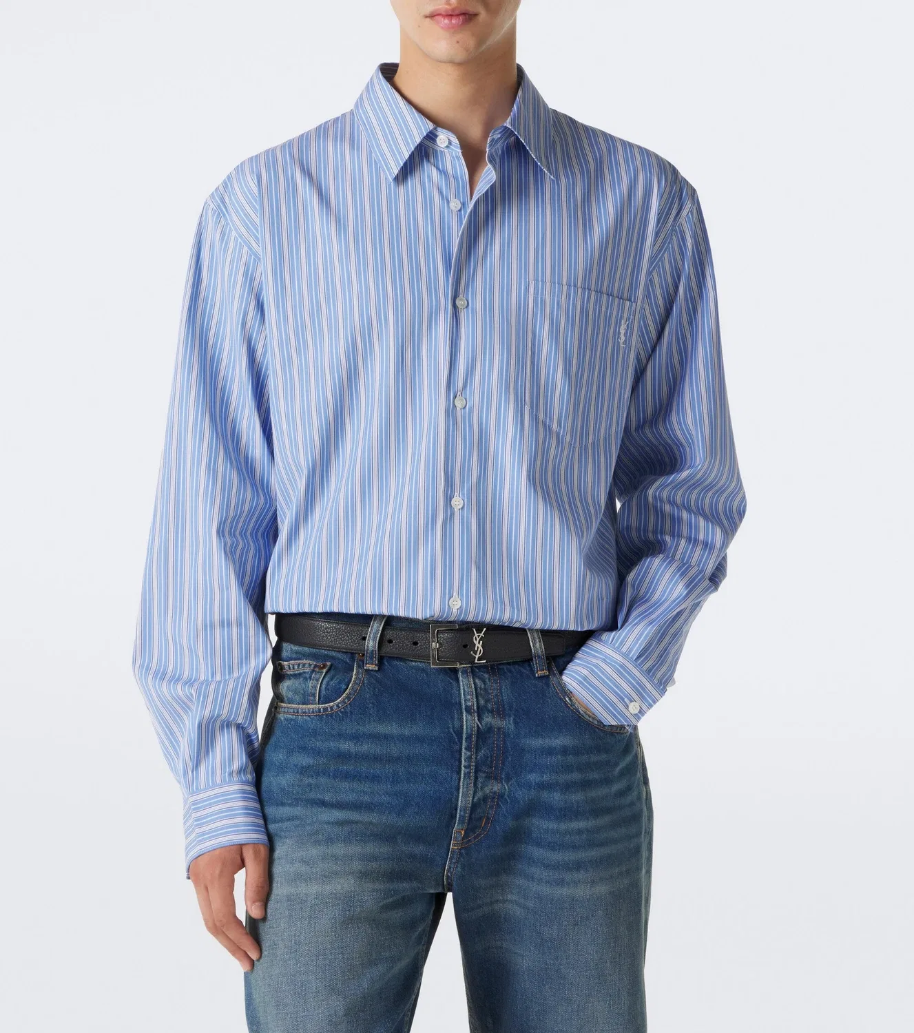 Рубашка из хлопкового поплина в полоску SAINT LAURENT, синий — фото 3