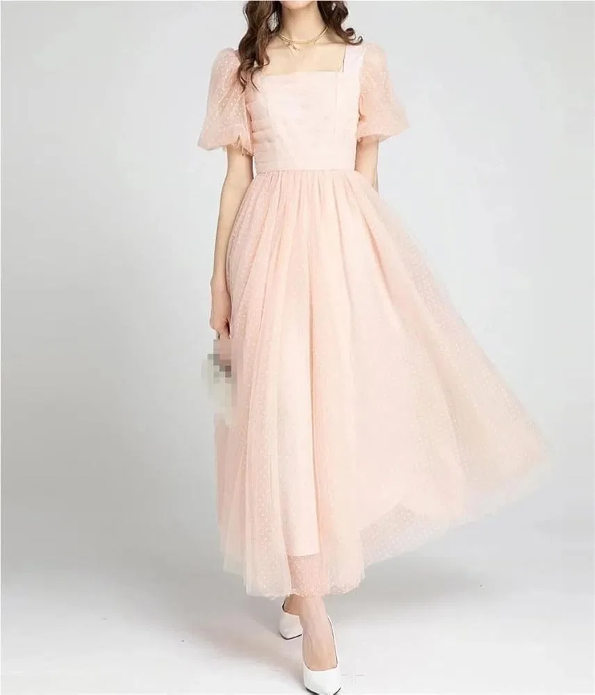 Женское платье-макси с принтом, Puff Sleeve Flowing Long Dress, розовый — фото 2
