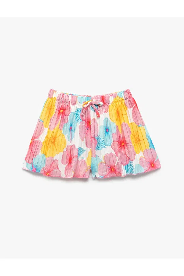 Детские шорты для девочек с принтом Floral patterned lace-up waist pleated shorts Koton, Blue Patterned