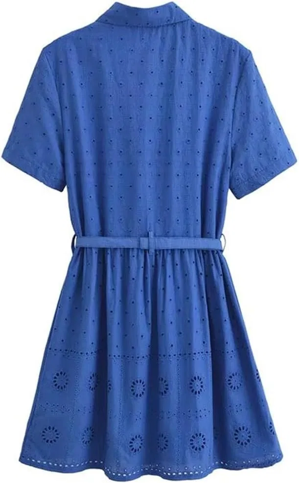 Женское короткое платье-рубашка с вышивкой и поясом Casual, Pic Color — фото 3