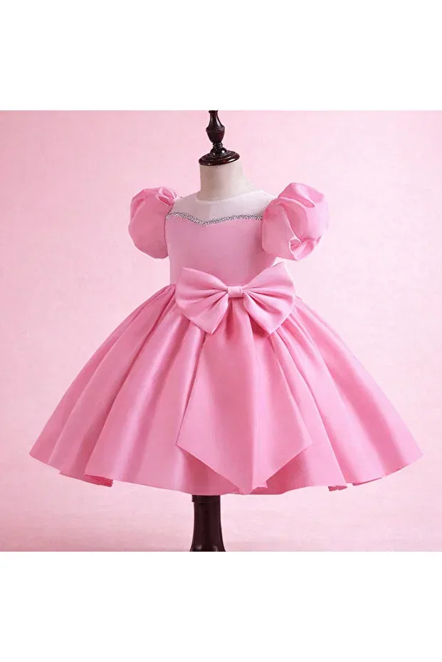 Детское вечернее платье для девочек с принтом Special Design Pink Color Stone Princess Model Balloon Sleeve Bow Detail Musgem, Pink