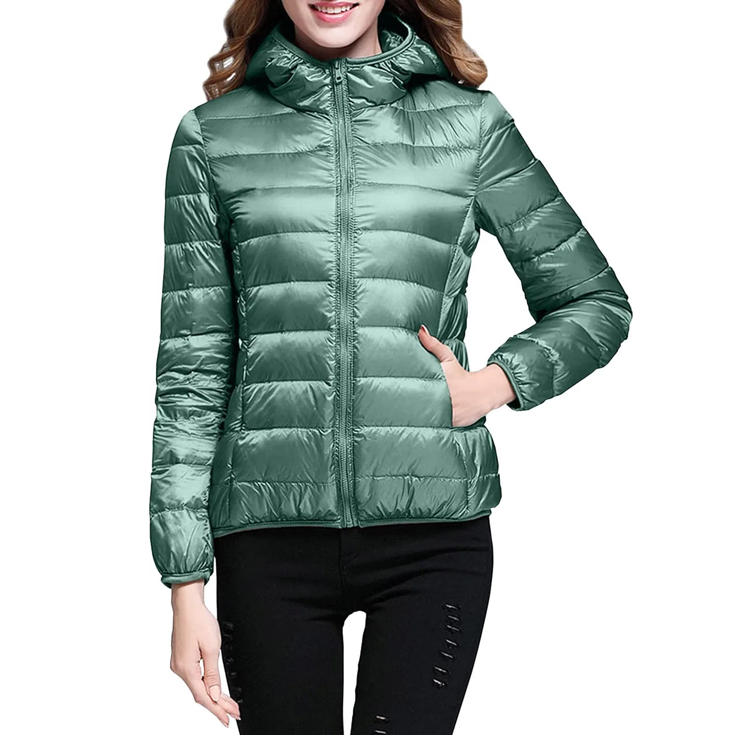 Женская куртка с капюшоном стеганая Lightweight Hooded Down Jacket, Green Mint