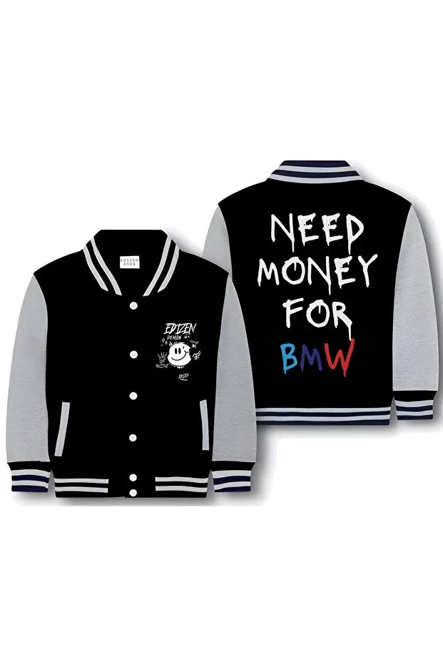 Детская куртка с принтом Oversize Girl Boy BMW Printed Premium Kids College Jacket Edizen, Black — фото 4
