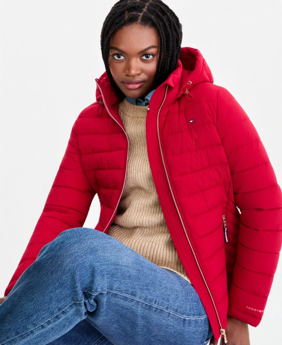 Женское пальто-пуховик с капюшоном, модель Hooded Packable Puffer Coat Tommy Hilfiger, Crimson — фото 3