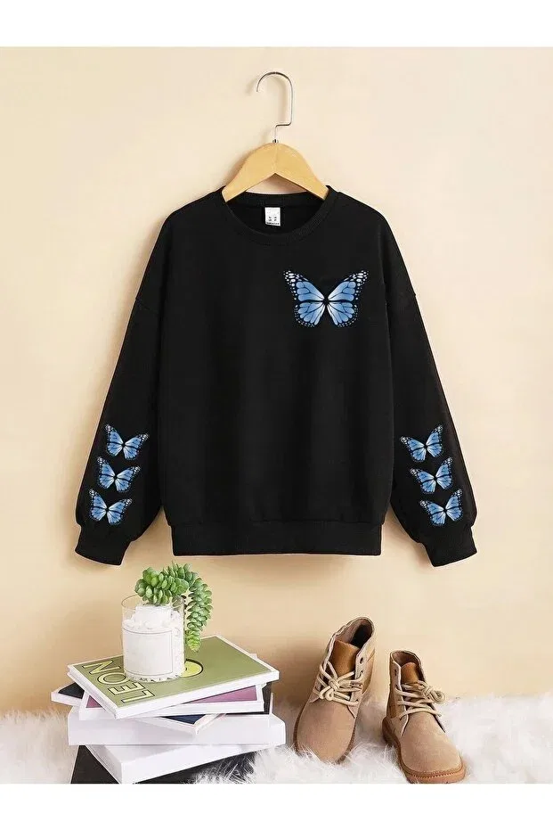 Детское для девочек свитшот с принтом Blue Butterfly Lepold, Black