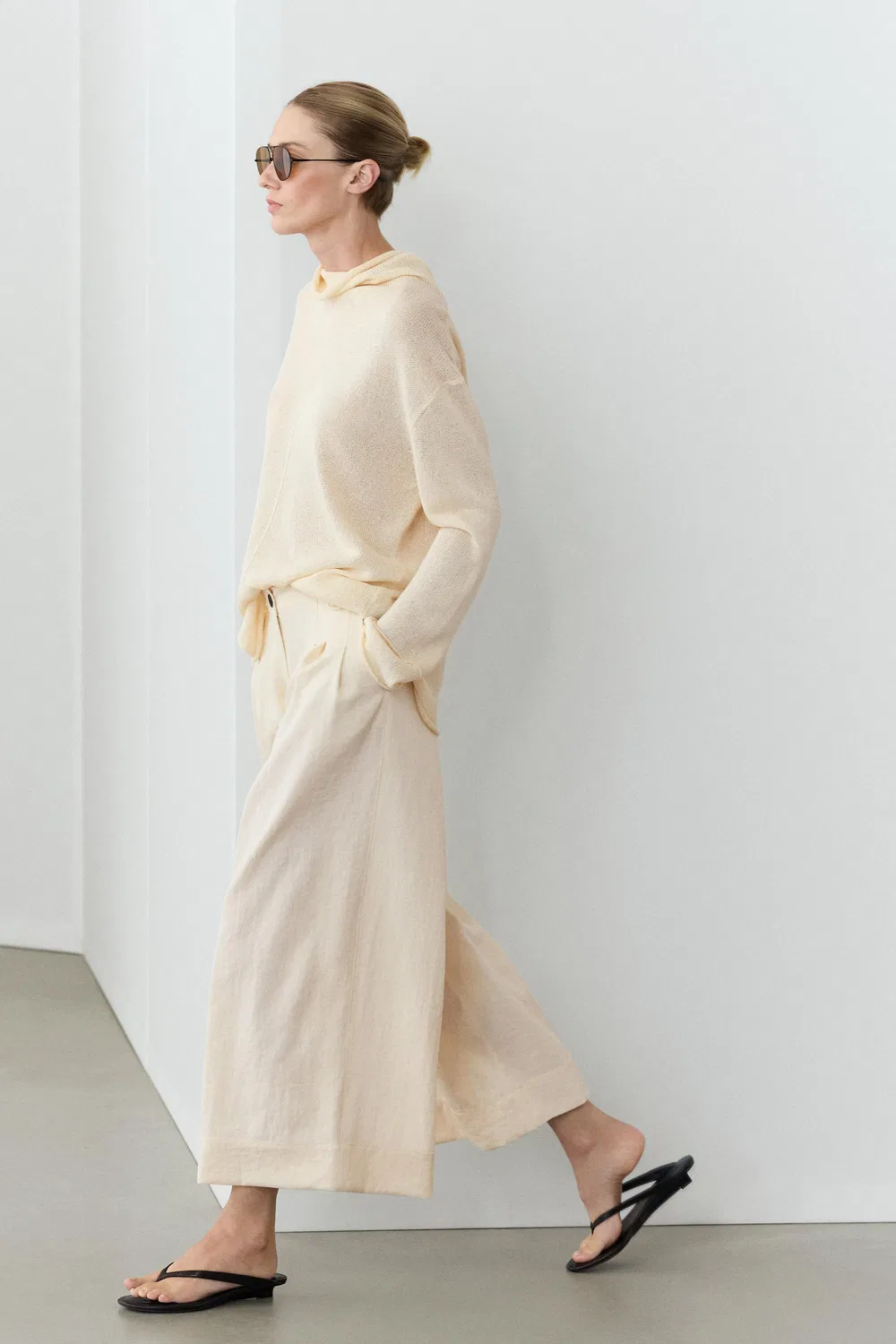 Брюки Massimo Dutti, укороченные, широкие штанины, кремовый — фото 4