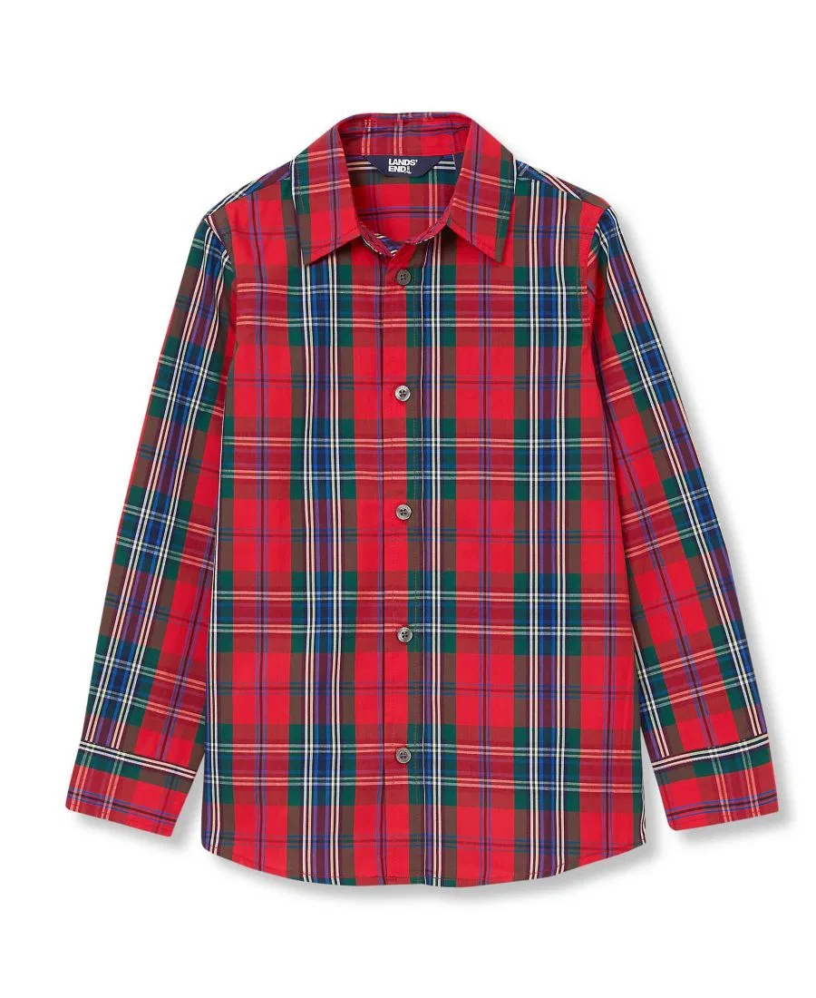 Рубашка с длинным рукавом в клетку Boys Holiday Long Sleeve Poplin Lands' End, Bright Red Multi Plaid