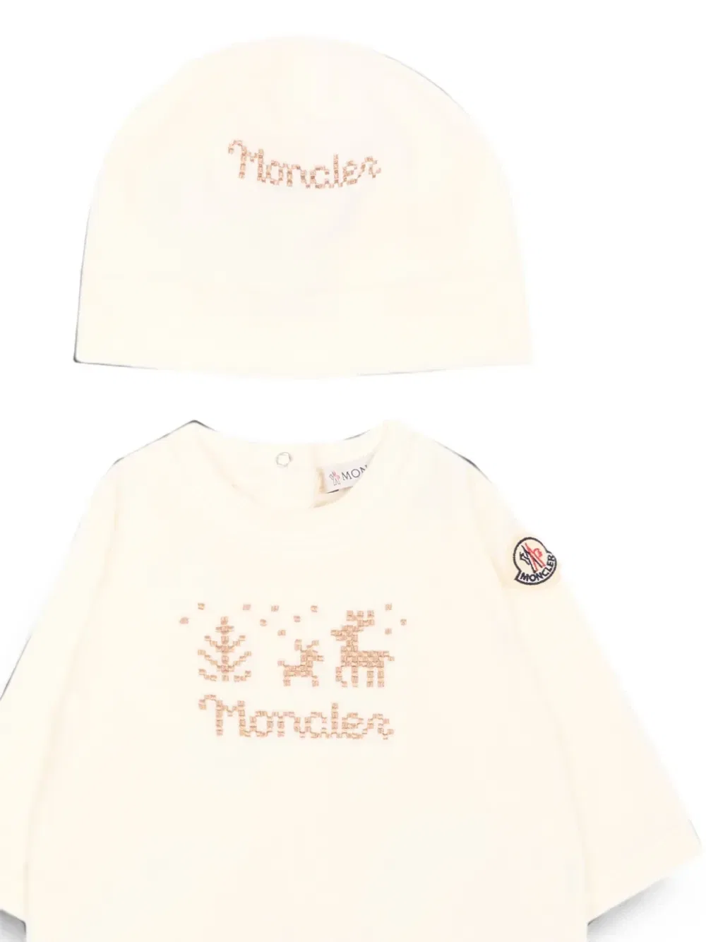 Комплект из комбинезона и шапки с вышитым логотипом Moncler Enfant, бежевый — фото 3
