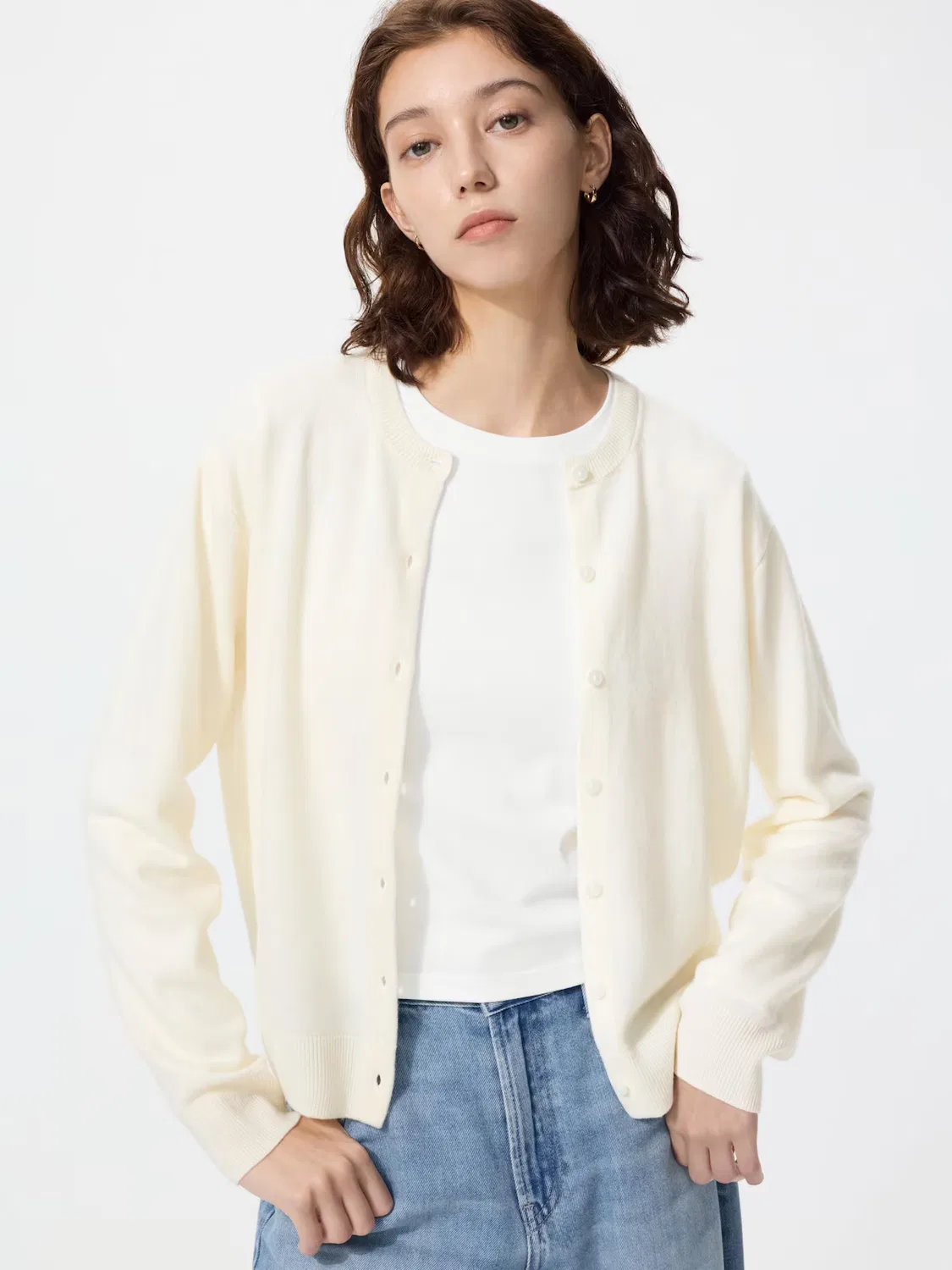 Кардиган Uniqlo, кашемировый, с круглым вырезом, кремовый