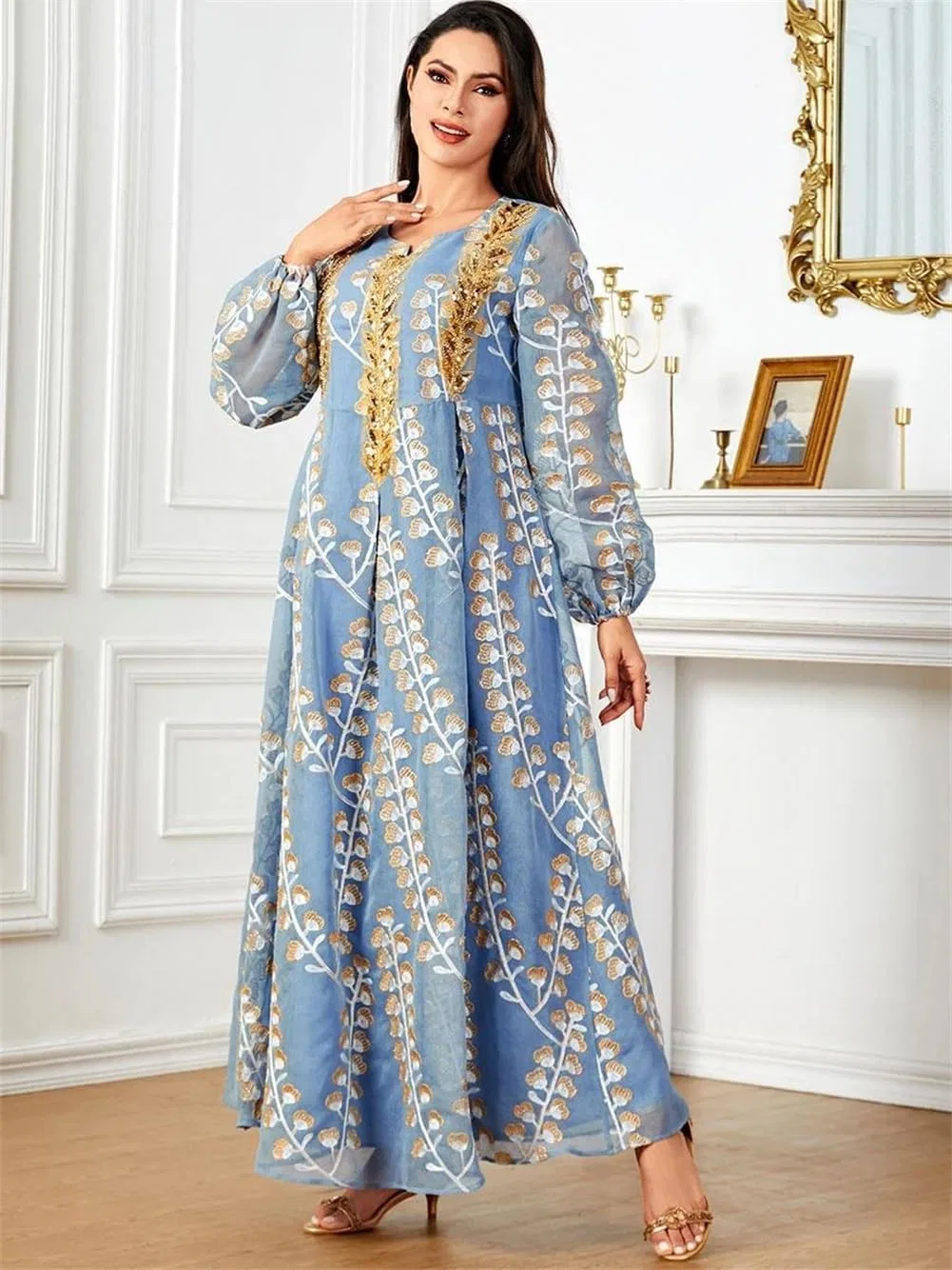 Женское платье-абая с пайетками и вышивкой, Light Blue Dress — фото 2