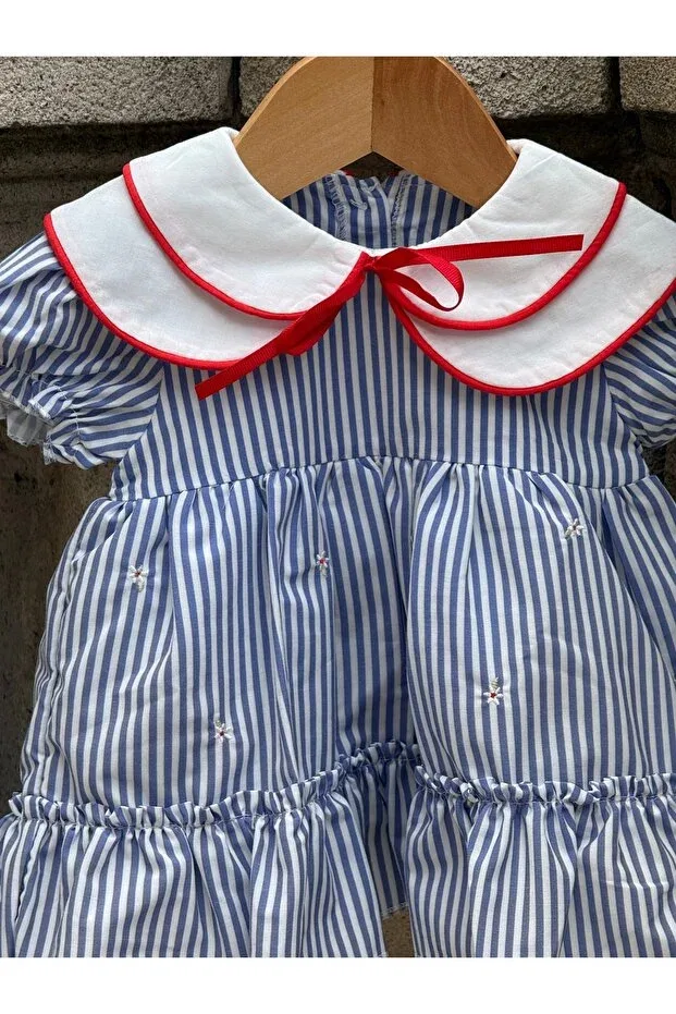 Детское платье для девочек с воланами Marine Red Piping Baby Collar Dress Set Moonstarkids, Blue And White Striped — фото 2