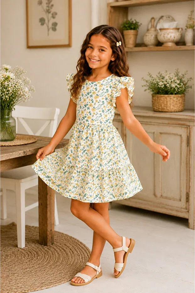 Детское платье для девочек хлопковое Summer Dress Hn Sport, Ecru/Green/Yellow — фото 4