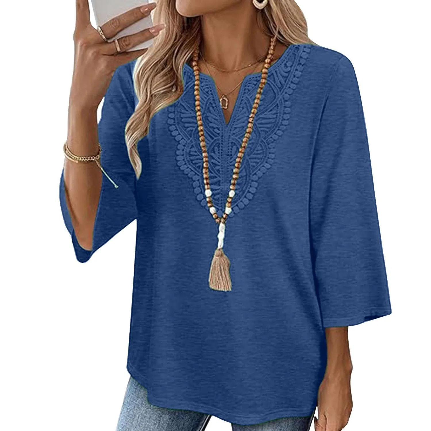 Женская льняная туника с вышивкой Retro 3/4 Sleeve Boho Casual Loose Fit Lightweight Summer Beach Blouse, C-blue